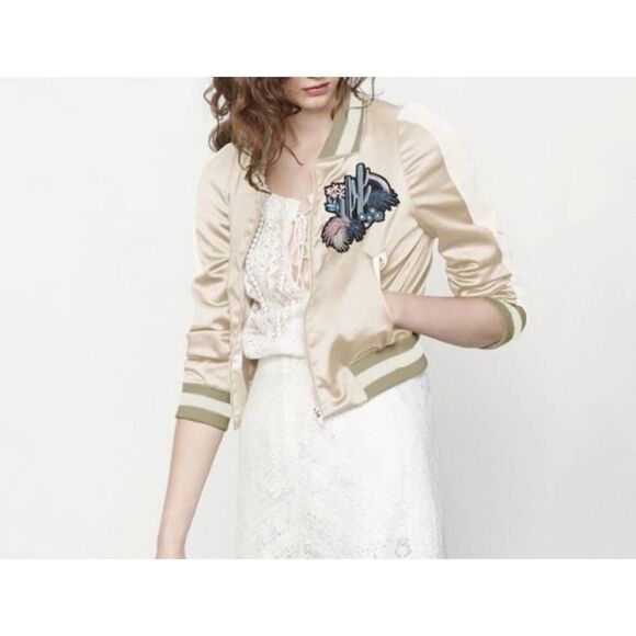 Maje Bomber Jacket Womens 36 Satin Embroidered Beige Preppy Academia - Picture 1 of 11